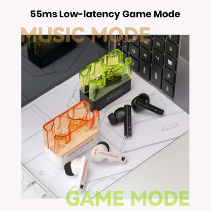 MOONDROP Space Travel 2 earbuds in white and black with orange and green cases, highlighting 55ms low-latency game mode for smooth audio.