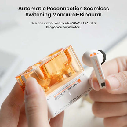 User holding MOONDROP Space Travel 2 earbuds with orange case, emphasizing seamless mono-binaural switching and automatic reconnection.