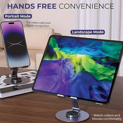 TECPHILE Desk Stand in portrait and landscape modes, offering hands-free convenience for video calls, movies, and multitasking.