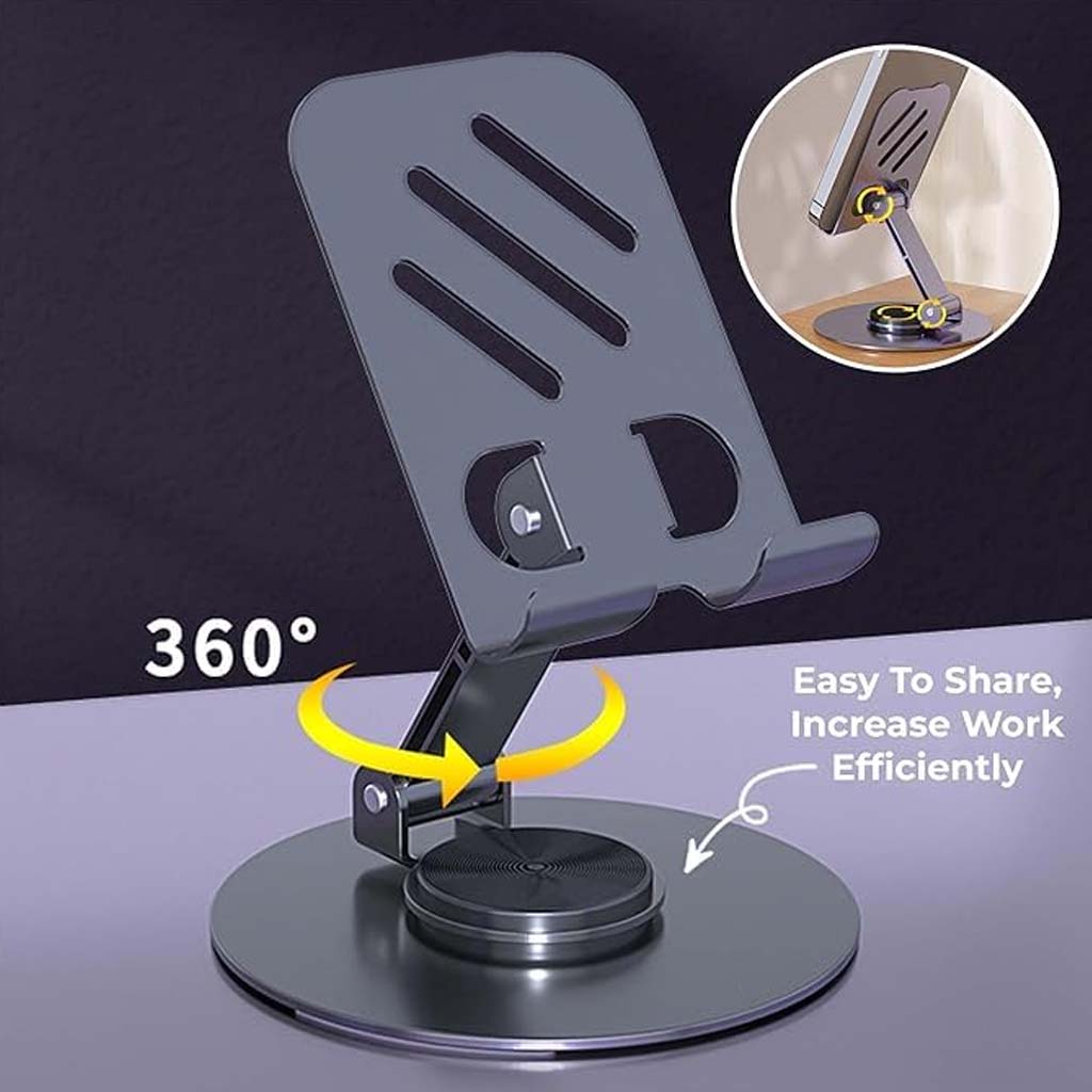 TECPHILE Foldable Phone Holder with 360° swivel base, designed to boost work efficiency and share screen views easily.