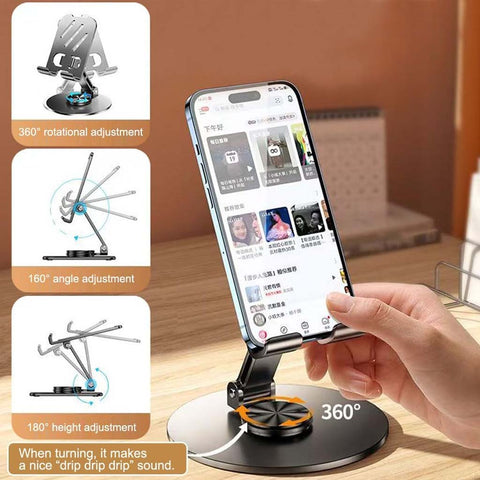 TECPHILE Velo Foldable Phone Stand showing 360° rotation, 160° tilt, and 180° height adjustment for versatile smartphone positioning.
