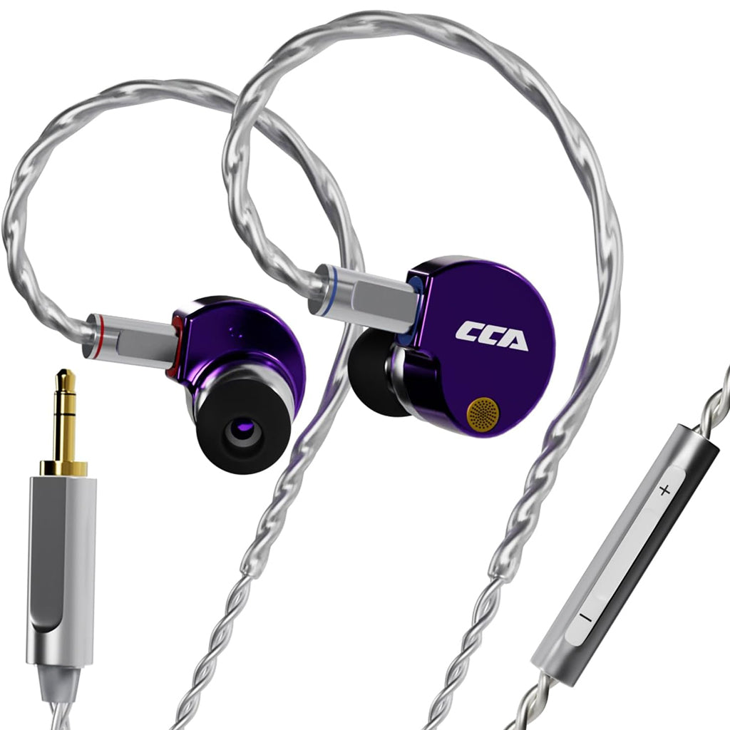 Purple CCA Phoenix IEM with 3.5mm jack and inline mic, combining stylish design with premium sound.