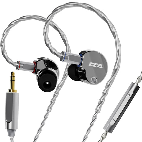 CCA Phoenix IEM in silver with 3.5mm jack and inline mic, featuring dual magnetic drivers and braided cable.