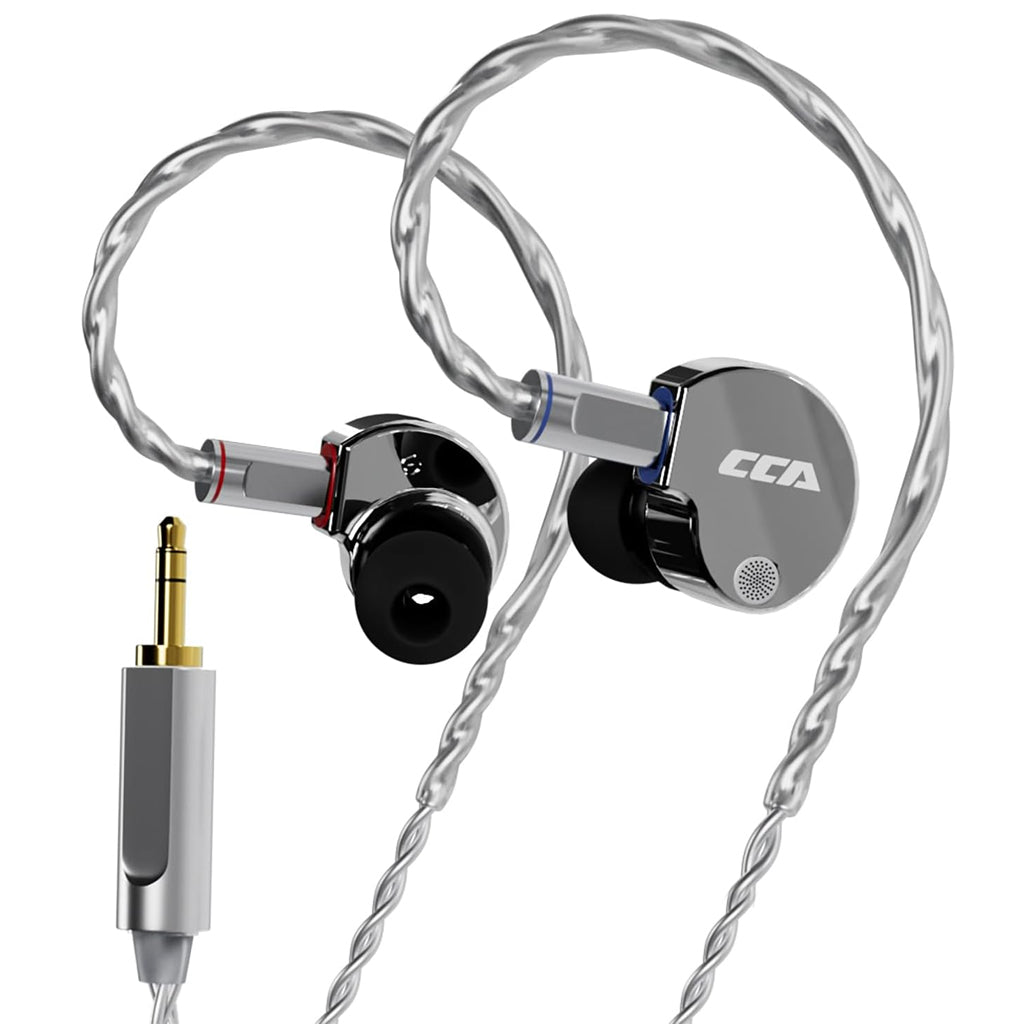 Silver CCA Phoenix IEM with 3.5mm jack, no mic, showcasing durable metal build and ergonomic design.