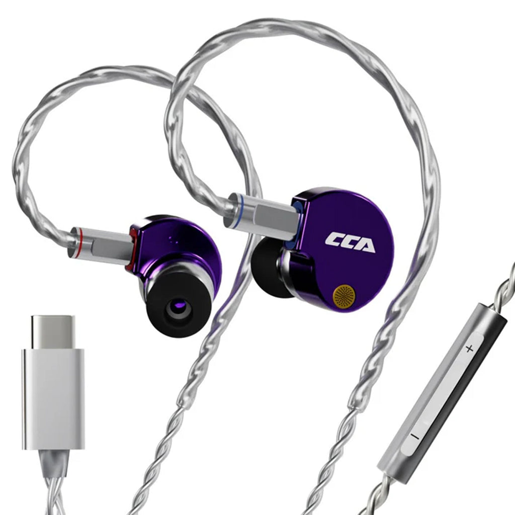 Purple CCA Phoenix IEM with Type-C and inline mic, built for immersive audio and modern connectivity.
