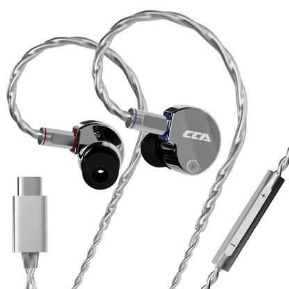 Silver CCA Phoenix IEM with Type-C connector and inline mic, ideal for modern devices and clear calls.
