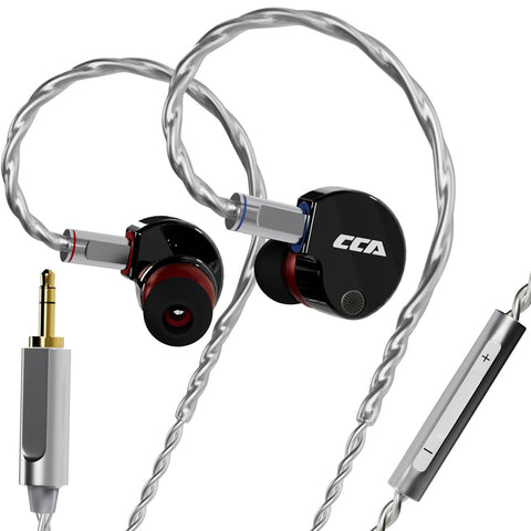 Dark grey CCA Phoenix IEM with 3.5mm jack and inline mic, featuring red accents and dynamic driver setup.