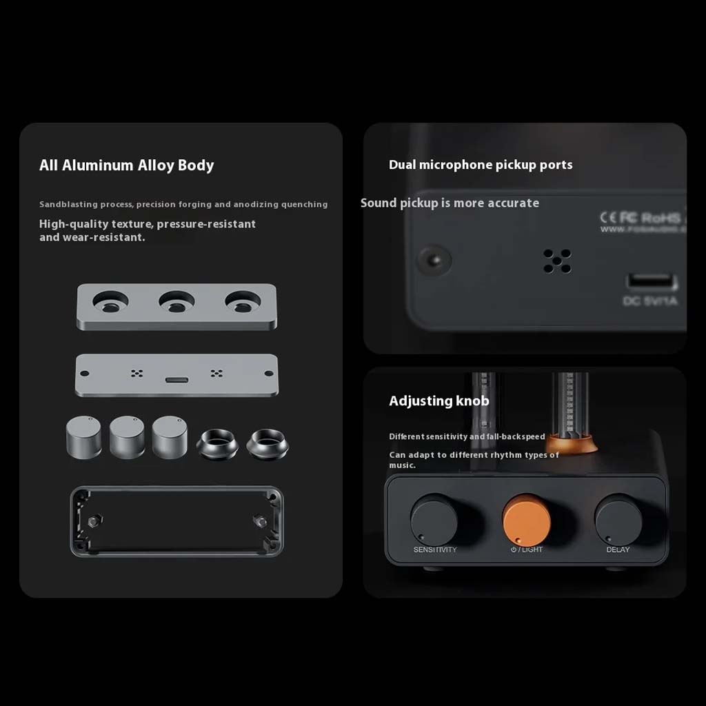 Close-up of Fosi Audio - AH-01A Music Rhythm Visualizer Light's aluminum alloy body, dual microphone ports, and adjustable knobs for precise sound-reactive lighting control.