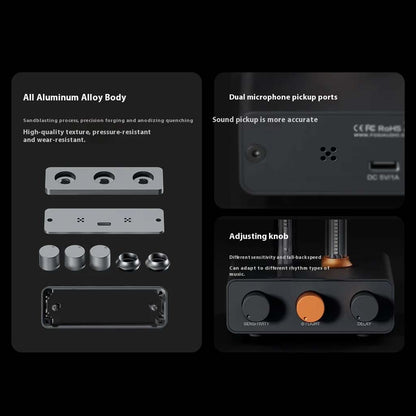 Close-up of Fosi Audio - AH-01A Music Rhythm Visualizer Light's aluminum alloy body, dual microphone ports, and adjustable knobs for precise sound-reactive lighting control.