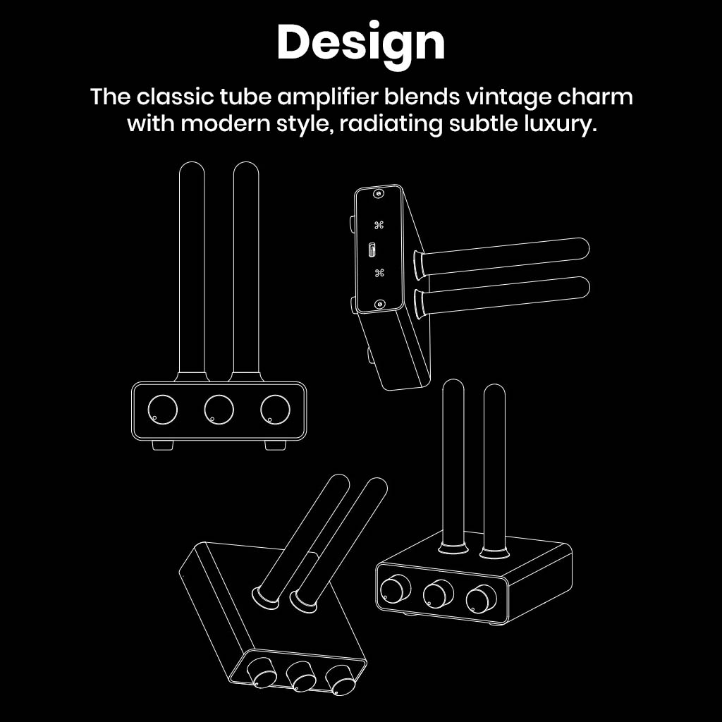 Line art design of Fosi Audio - AH-01A Music Rhythm Visualizer Light showcasing its retro tube amplifier style with modern lighting aesthetics for home decor.