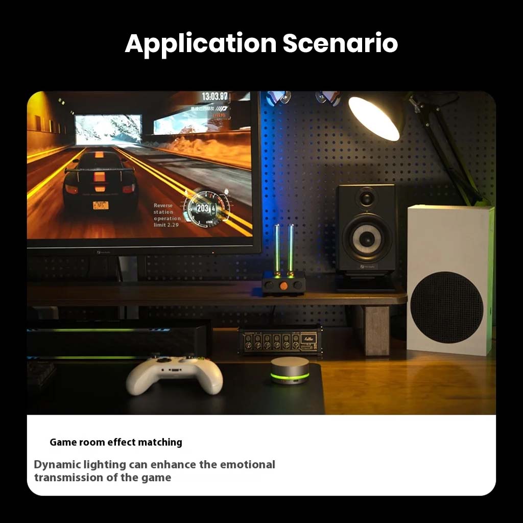 Fosi Audio - AH-01A Music Rhythm Visualizer Light enhancing a gaming setup with dynamic lighting effects that sync with in-game audio for immersive experiences.