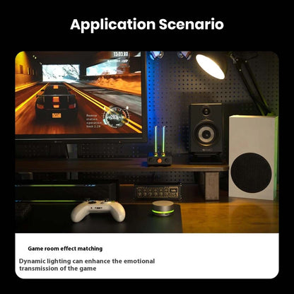 Fosi Audio - AH-01A Music Rhythm Visualizer Light enhancing a gaming setup with dynamic lighting effects that sync with in-game audio for immersive experiences.