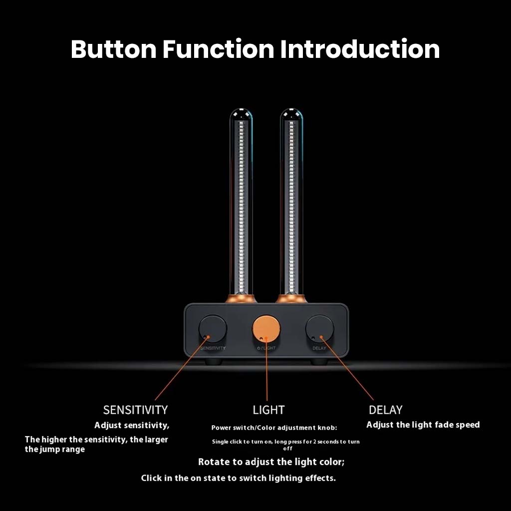 Diagram of Fosi Audio - AH-01A Music Rhythm Visualizer Light's button functions for adjusting sensitivity, light color, and delay to personalize ambient lighting.