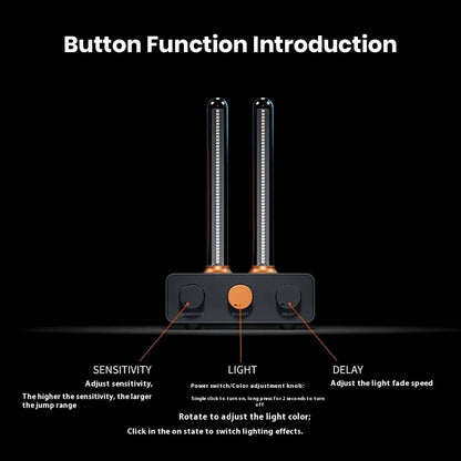 Diagram of Fosi Audio - AH-01A Music Rhythm Visualizer Light's button functions for adjusting sensitivity, light color, and delay to personalize ambient lighting.