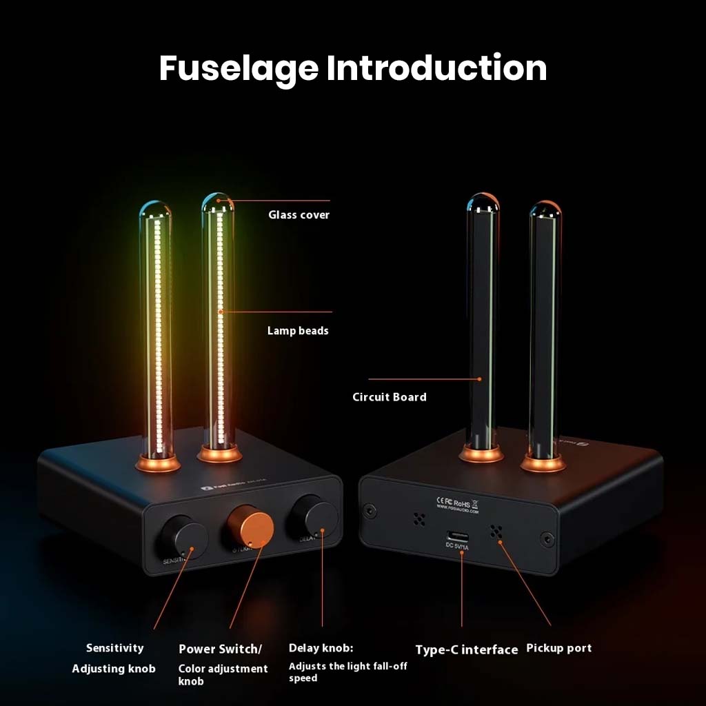 Detailed labeled view of Fosi Audio - AH-01A Music Rhythm Visualizer Light showing glass cover, lamp beads, circuit board, Type-C interface, and pickup port.