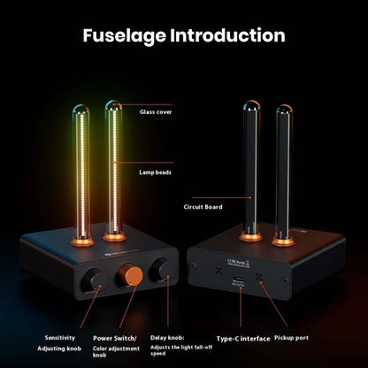 Detailed labeled view of Fosi Audio - AH-01A Music Rhythm Visualizer Light showing glass cover, lamp beads, circuit board, Type-C interface, and pickup port.