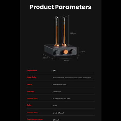 Product specifications of Fosi Audio - AH-01A Music Rhythm Visualizer Light including lighting modes, LED count, material, dimensions, and USB power requirements.