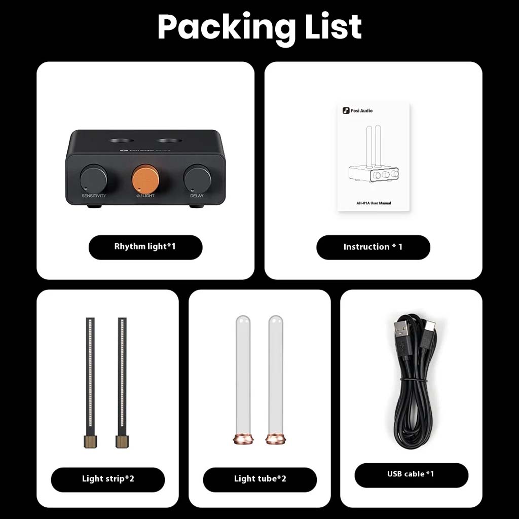 Packing list for Fosi Audio - AH-01A Music Rhythm Visualizer Light including rhythm light unit, two light tubes, two light strips, USB cable, and instruction manual.