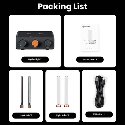 Packing list for Fosi Audio - AH-01A Music Rhythm Visualizer Light including rhythm light unit, two light tubes, two light strips, USB cable, and instruction manual.