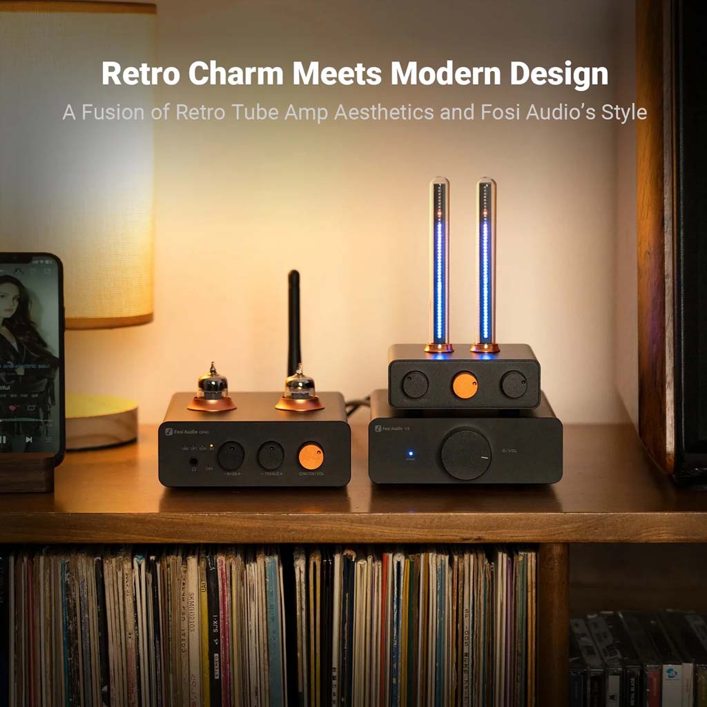 Fosi Audio - AH-01A Music Rhythm Visualizer Light displayed with other Fosi Audio gear, blending retro charm and modern design for stylish home audio setups.