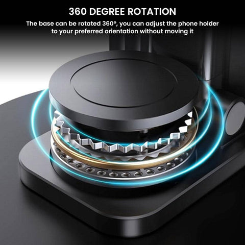 Close-up of TECPHILE Snap Mount base showing 360-degree rotation mechanism for flexible phone positioning on desks or tables.