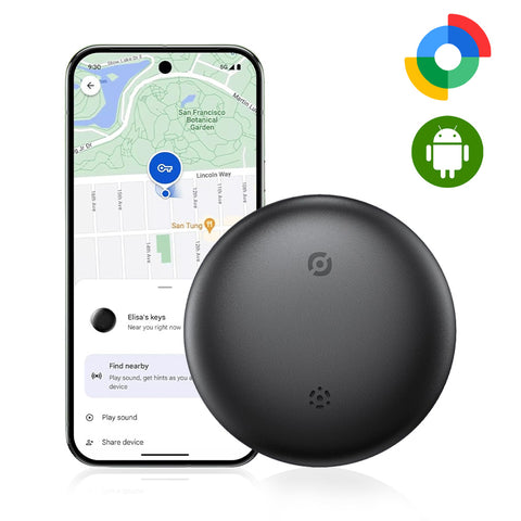 TECPHILE Wireless GPS Tag Tracker for Android shown with smartphone map interface and Google Find My Device logo. Ideal for real-time tracking.