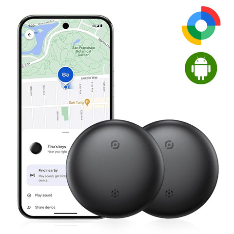 Set of two TECPHILE Wireless GPS Tag Trackers for Android with Google Find My Device app on phone. Perfect for tracking multiple valuables.