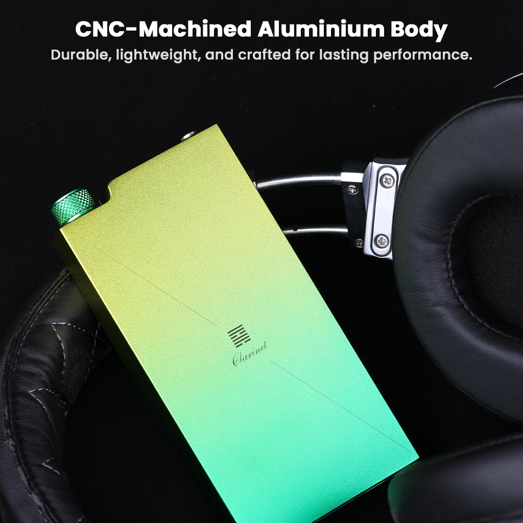 CNC-machined aluminum body of Dethonray Clarinet Lite DAC shown with headphones, emphasizing durability and lightweight design.