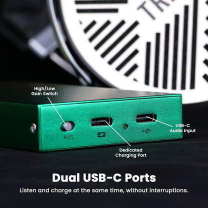 Rear view of Dethonray Clarinet Lite DAC showing dual USB-C ports and gain switch for simultaneous charging and audio input.