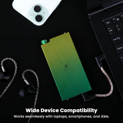 Dethonray Clarinet Lite DAC shown with laptop, smartphone, and IEMs, highlighting wide compatibility with modern devices.