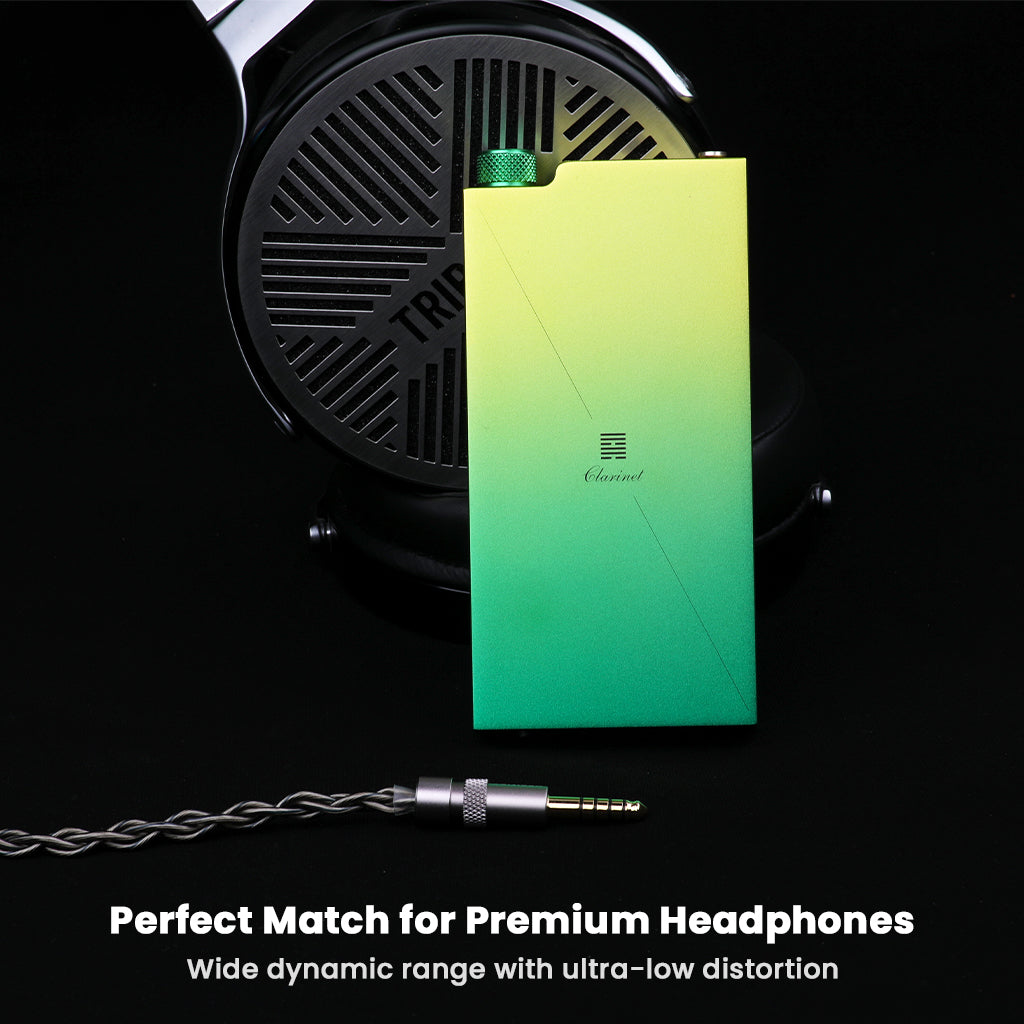 Dethonray Clarinet Lite DAC paired with premium headphones, offering wide dynamic range and ultra-low distortion output.