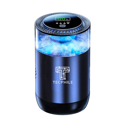 P3 Car Air Freshener Atomizer Automatic Diffuser with Ambient Light featuring a sleek black design, LED display, and glowing blue ambient light.