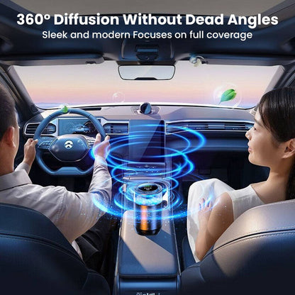 P3 Car Air Freshener Atomizer in a car interior showcasing 360° diffusion coverage with ambient lighting and modern dashboard placement.