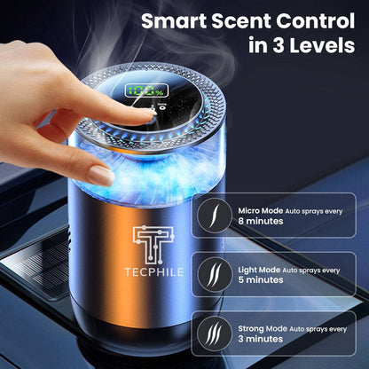P3 Car Air Freshener Atomizer with 3-level scent control modes: Micro, Light, and Strong, offering customizable fragrance intervals.
