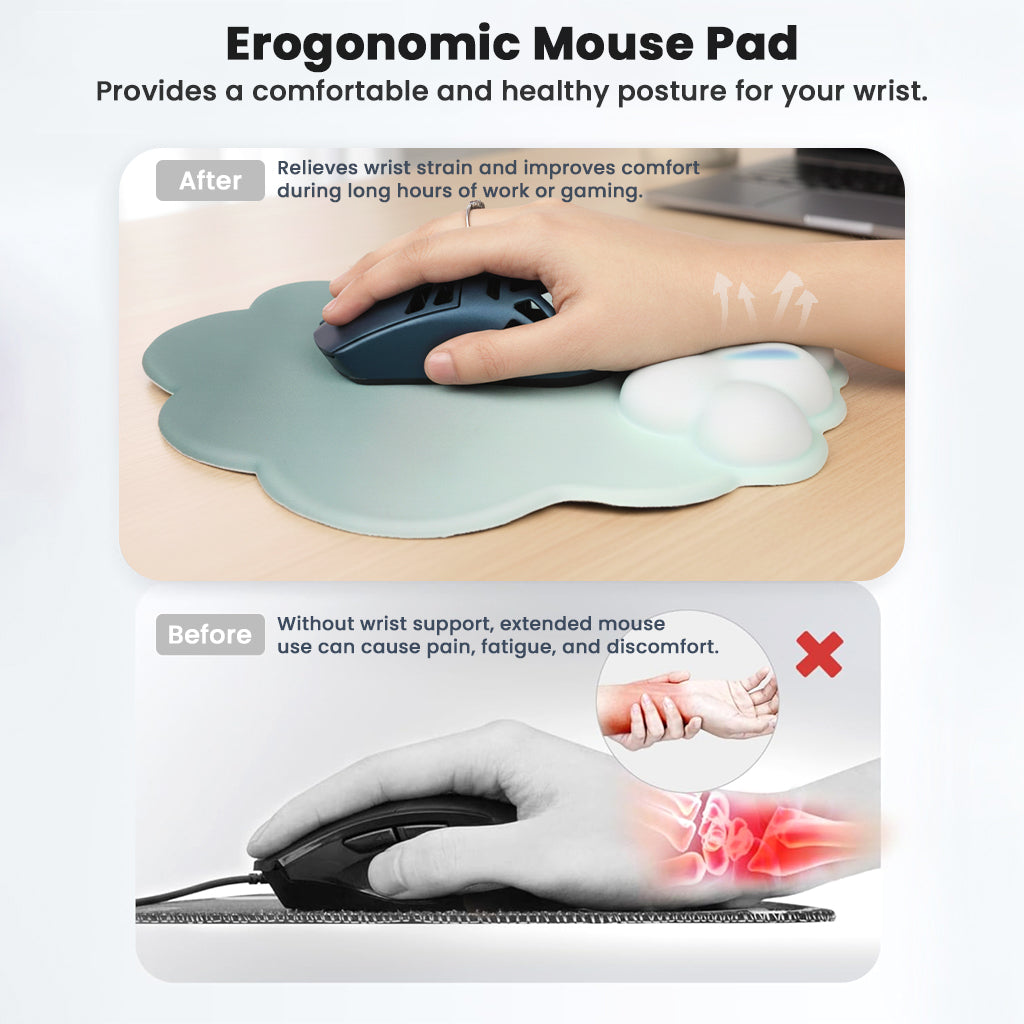 Ergonomic TECPHILE cloud-shaped mouse pad with wrist support reduces strain and enhances comfort during long computer use.