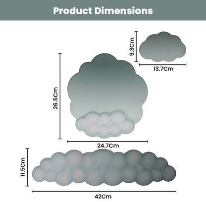 TECPHILE cloud-shaped mouse pad and keyboard wrist rest set with detailed product dimensions for accurate desk fitting.