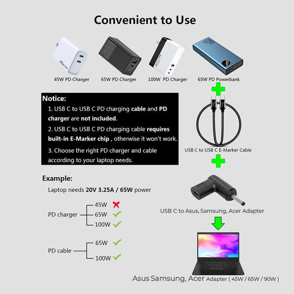 TECPHILE – 100W Type C to Female Acer/ Asus/ Samsung Laptop Adapter - 4