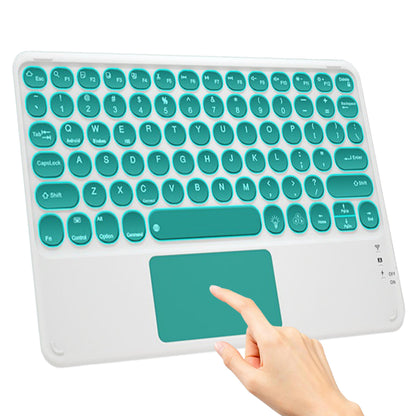 White TECPHILE 250D Wireless Keyboard with green keys and touchpad, featuring a hand gesture on the trackpad.