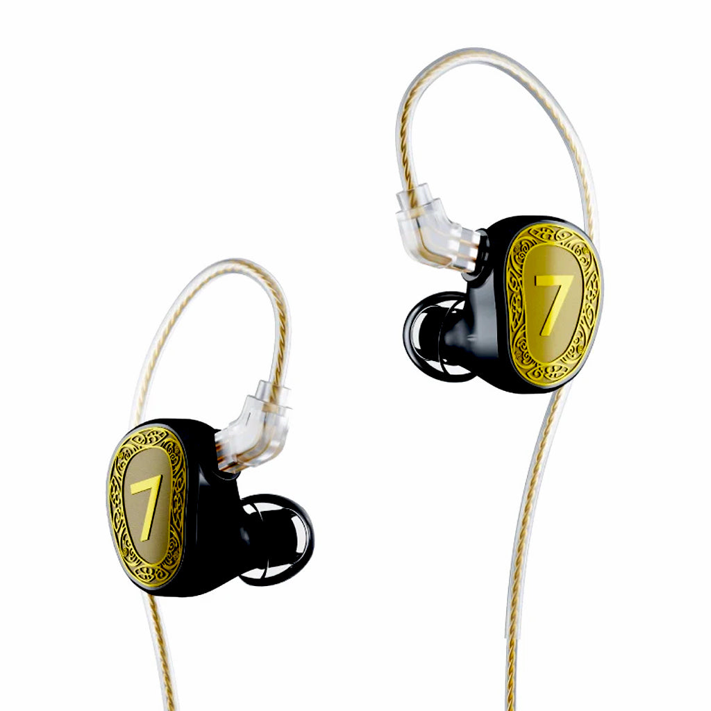 Pair of in-ear headphones with gold and black design on a white background