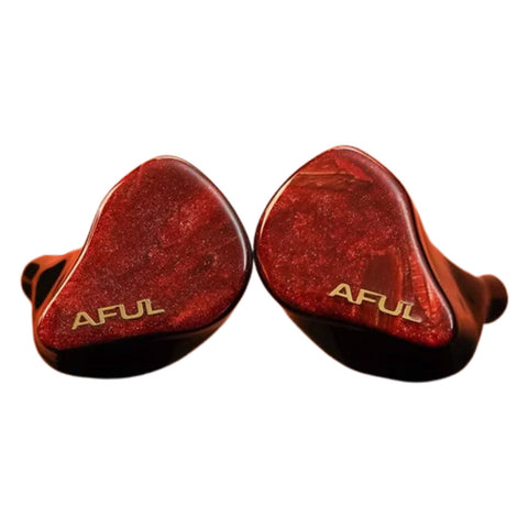 AFUL DAWN-X flagship IEM with red marbled faceplates and gold logo, featuring ergonomic in-ear design for audiophile-grade sound.