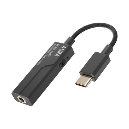 AUDIOCULAR AURA Hi-Res Portable DAC & Amp with CS43131 DAC and SGM8262 AMP chipset, featuring a Type-C to 3.5mm jack and braided cable design.