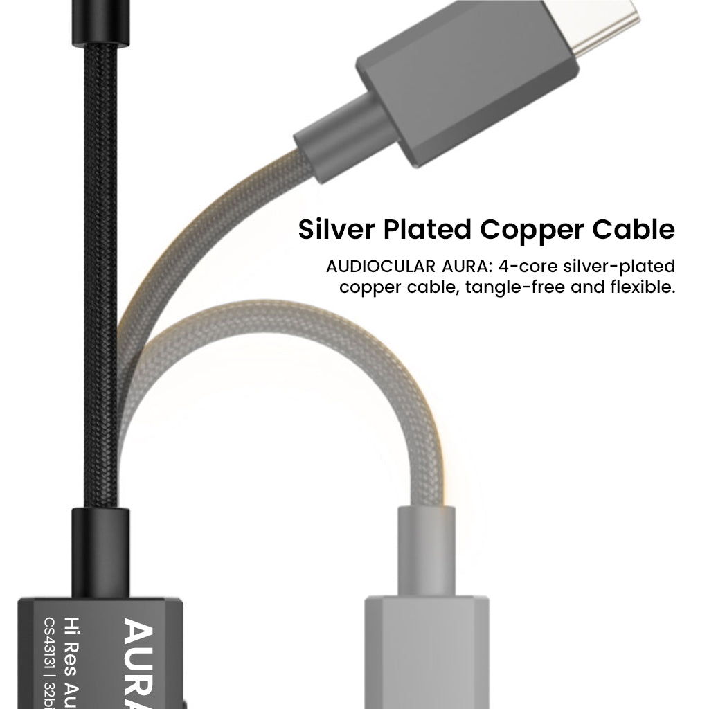 AUDIOCULAR AURA DAC & Amp featuring 4-core silver-plated copper cable, designed for flexibility, tangle resistance, and high-fidelity signal transfer.