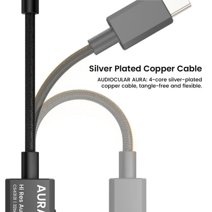 AUDIOCULAR AURA DAC & Amp featuring 4-core silver-plated copper cable, designed for flexibility, tangle resistance, and high-fidelity signal transfer.