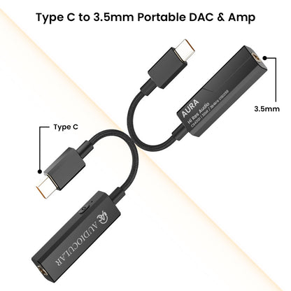 Type-C to 3.5mm AUDIOCULAR AURA Hi-Res DAC & Amp with compact design, ideal for portable use with smartphones and audio devices.