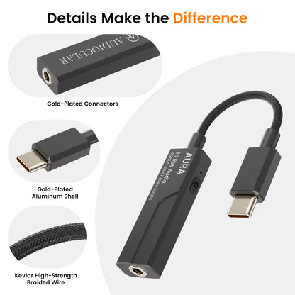 Detailed view of AUDIOCULAR AURA DAC & Amp components including gold-plated connectors, Kevlar wire, and aluminum shell for premium build quality.
