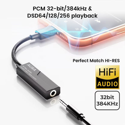 AUDIOCULAR AURA Hi-Res DAC & Amp connected to smartphone, showcasing 32-bit/384kHz PCM and DSD256 playback for high-resolution audio output.