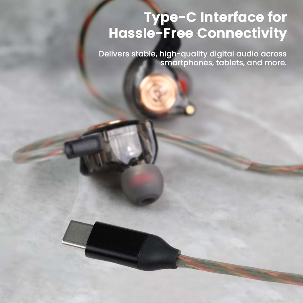 Type-C plug of AUDIOCULAR BR Pro IEM ensures stable, high-quality digital audio for smartphones, tablets, and laptops.