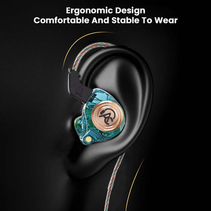 Teal AUDIOCULAR BR Pro IEM worn in ear, showcasing ergonomic fit and stable design for comfortable, long-term use.