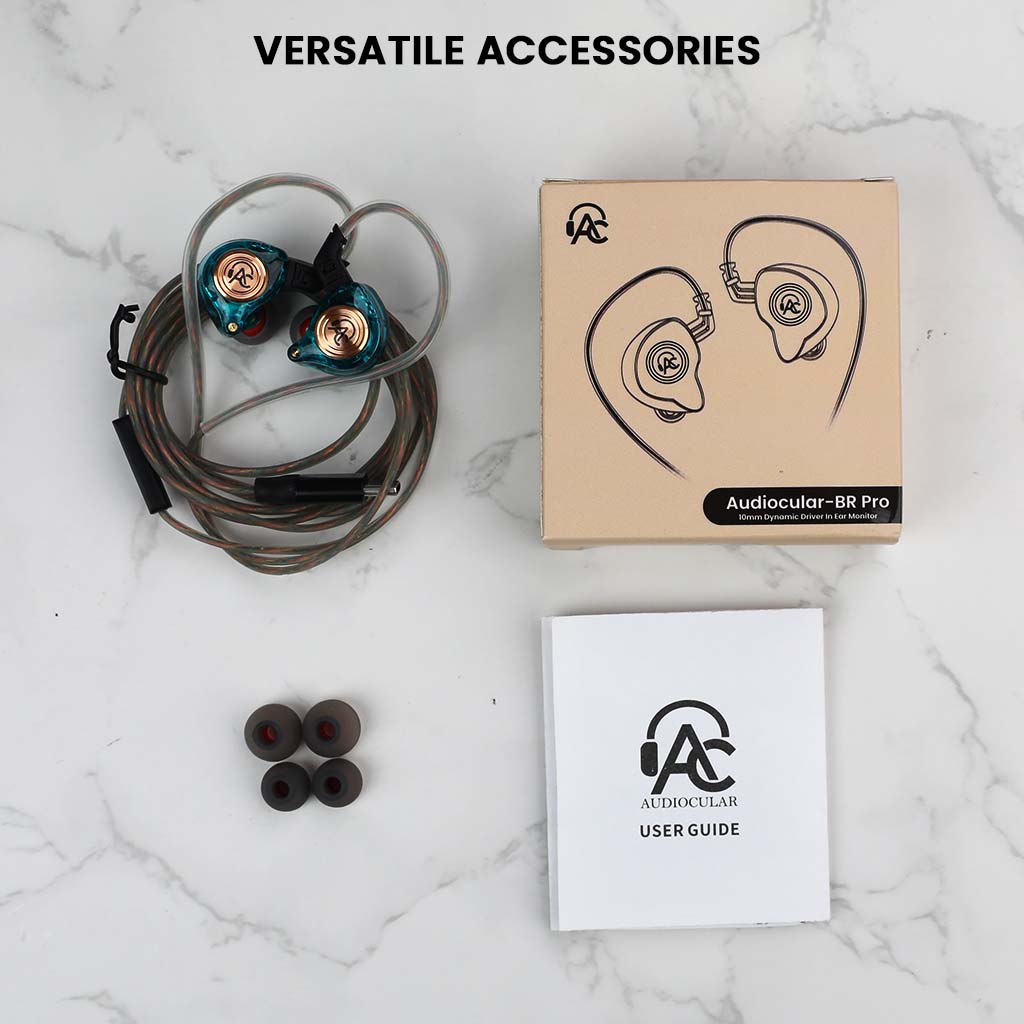 Complete accessory set of teal AUDIOCULAR BR Pro IEM with ear tips, user manual, and branded packaging for a full audio solution.