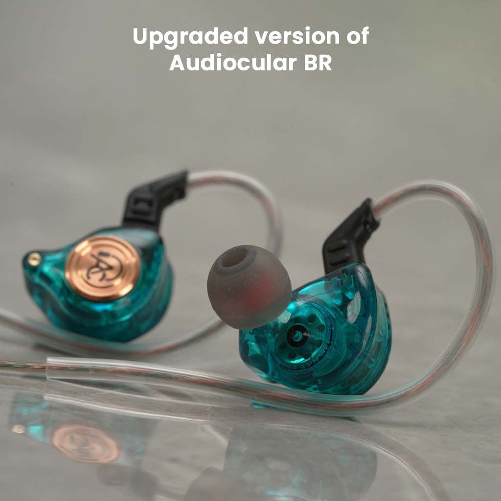 Upgraded teal AUDIOCULAR BR Pro IEM with transparent housing and soft silicone tips for enhanced comfort and sound quality.